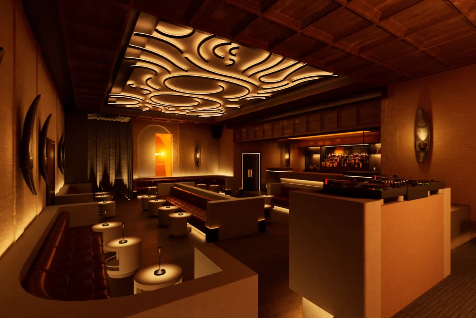 Render of the main room at 99 Regent Street, with banquette seating, a long bar and a DJ booth