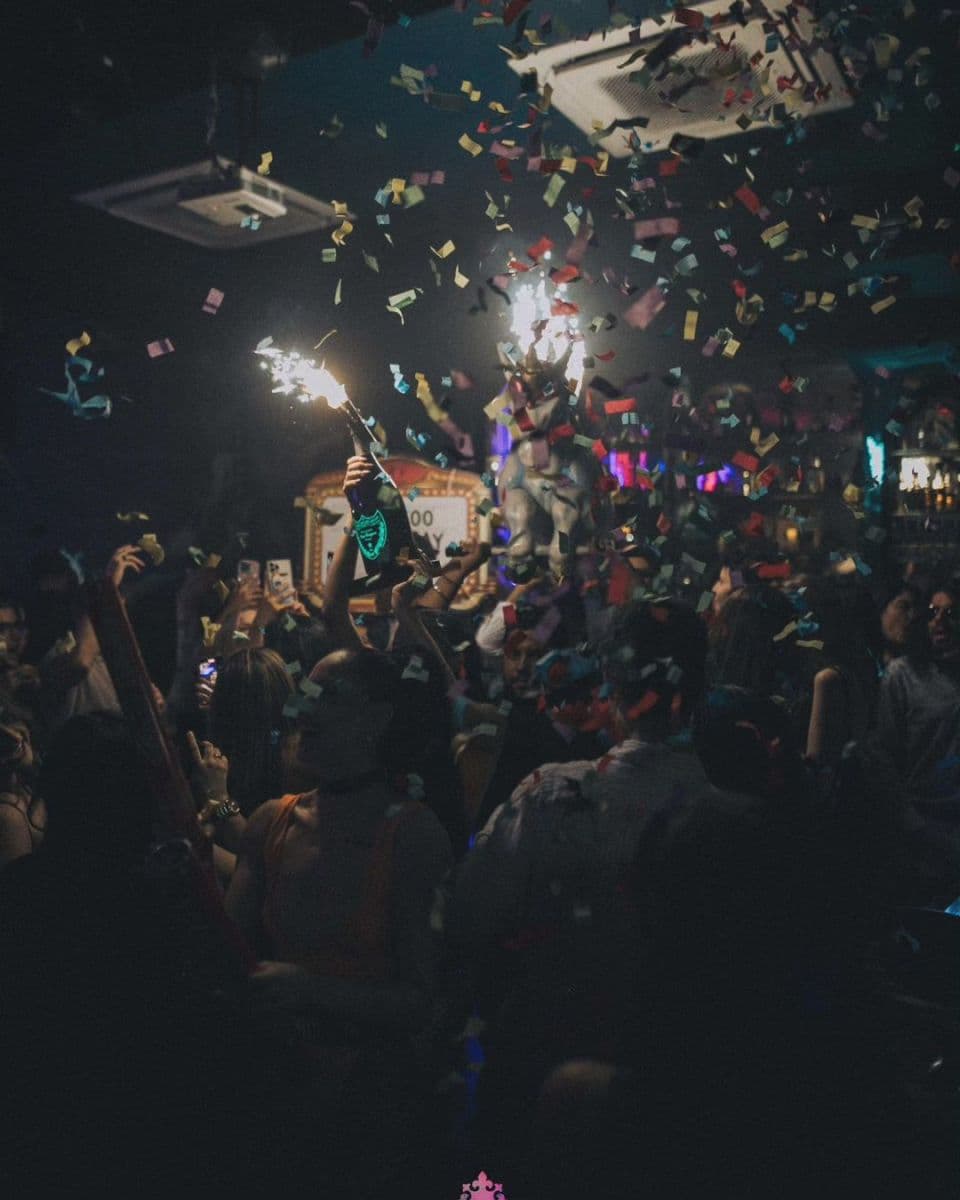 Confetti and sparklers over the crowd when the venue traded as the Cuckoo Club