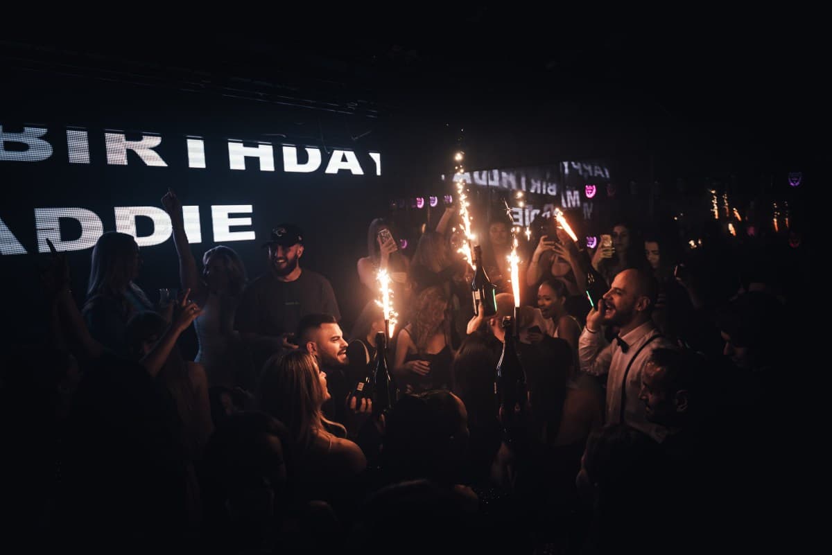 London nightlife scene with popular nightclub exteriors lit up at night