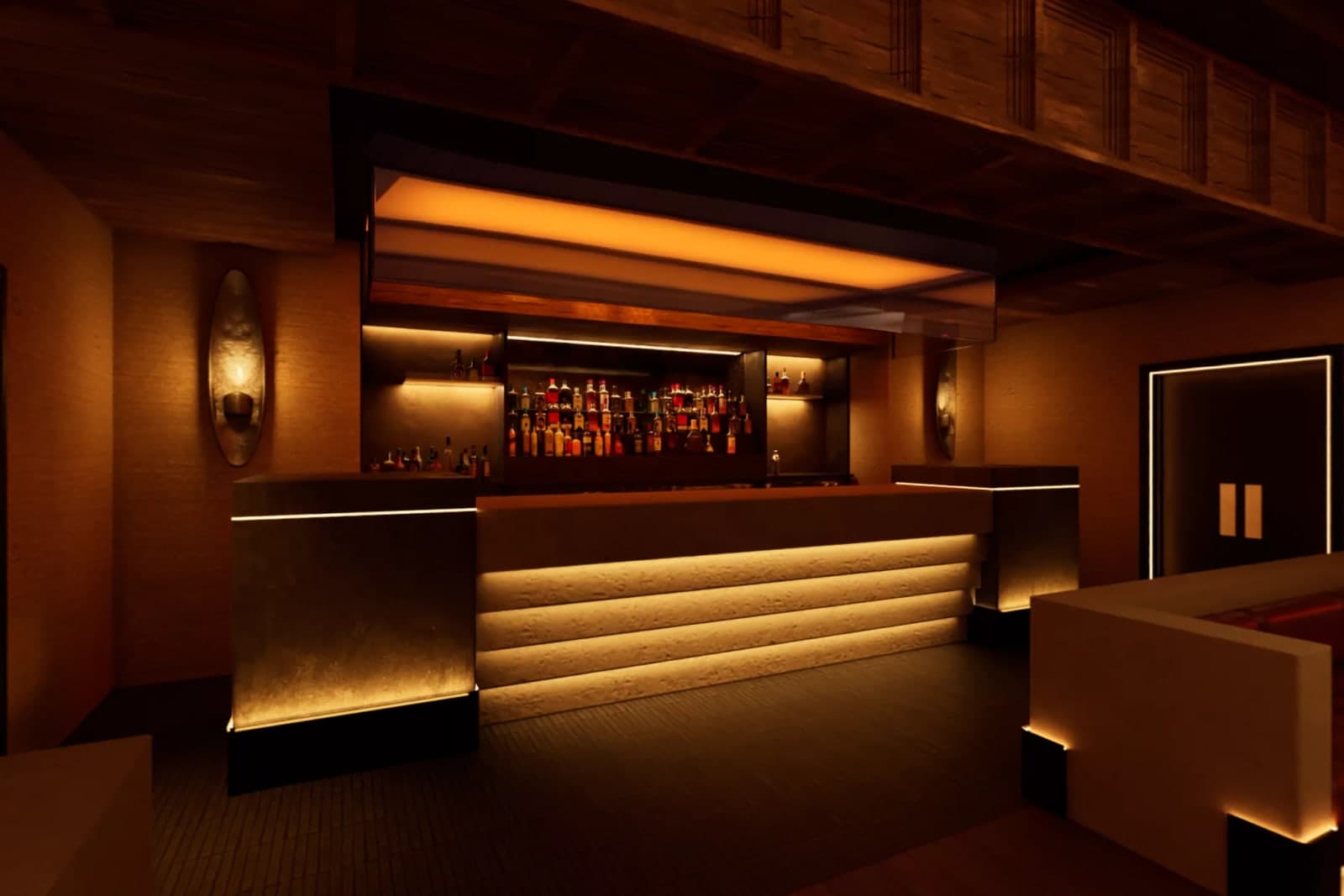 99 Regent Street bar: the long counter and backlit shelves