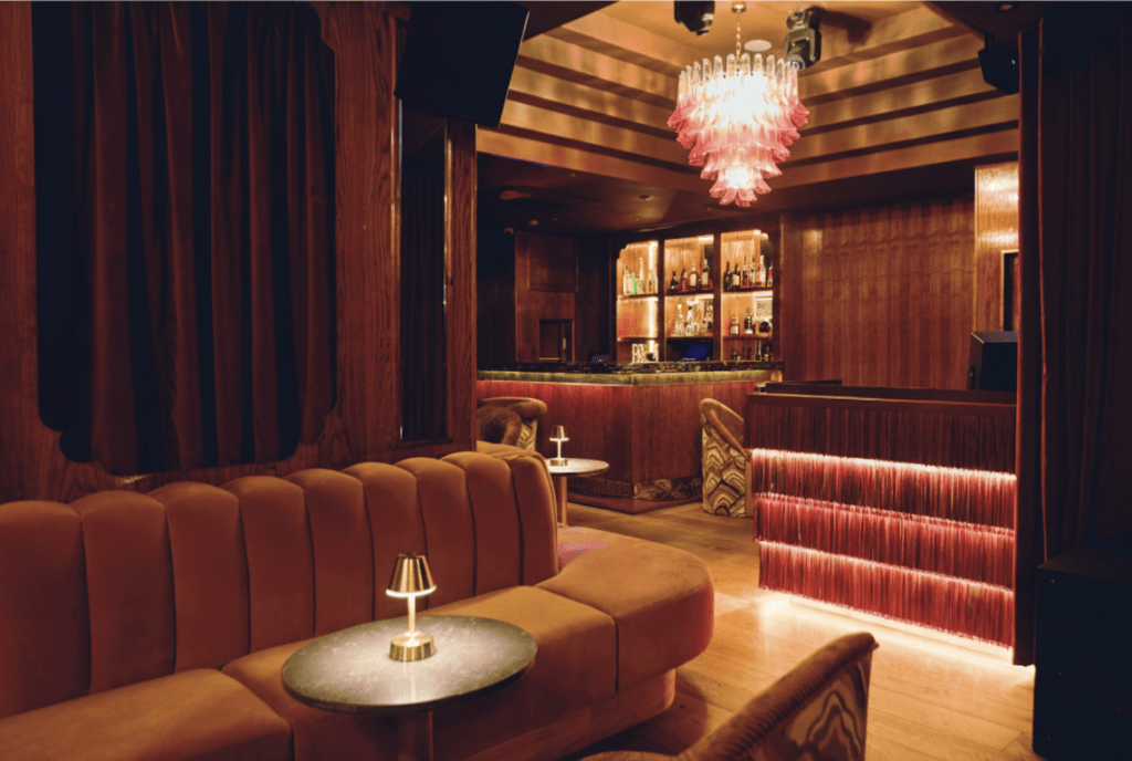 Christabel's London table with the bar in the background.